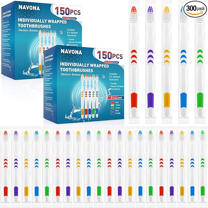 Navona 300 PCS Premium Toothbrushes Bulk, Individually Wrapped Toothbrushes, Disposable Toothbrush, Medium Soft Bristle Bulk Toothbrushe for Travel Hotel Donation, Ergonomics Handle