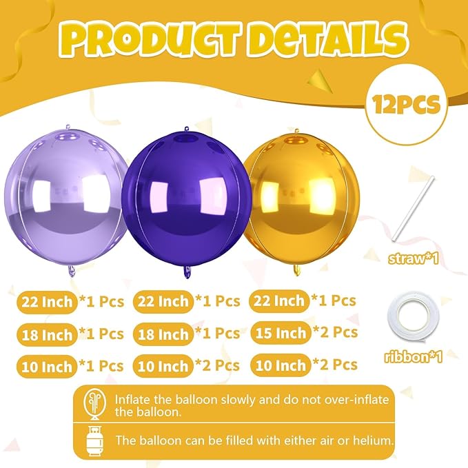 12Pcs Purple and Gold Round Balloons Foil, 22" 18" 15" 10" 4D Round Shaped Ball Balloon, Large Gold Dark Light Purple Metallic Balloons for Graduation Wedding Prom Birthday Party Decorations Backdrop