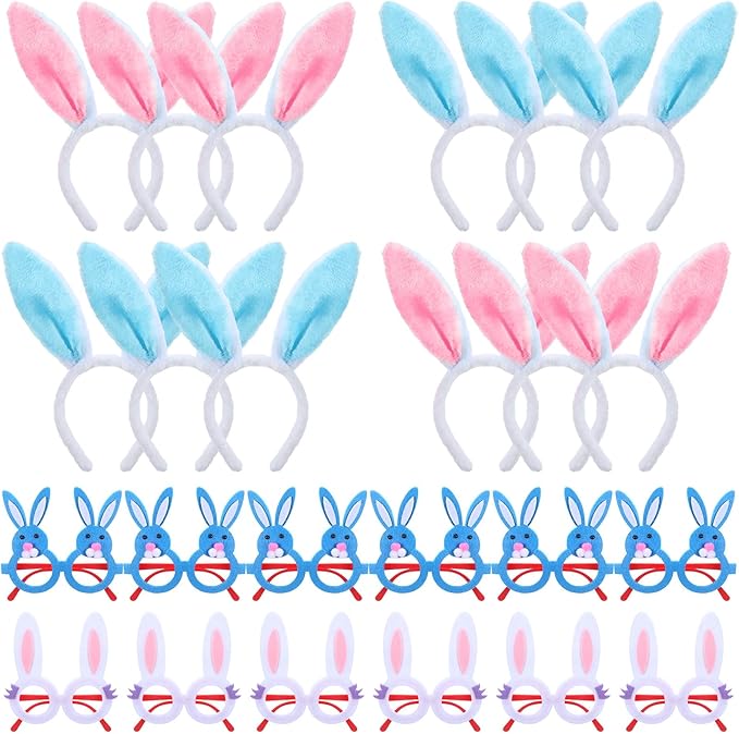 24 Pcs Easter Headbands and Glasses Set, Bunny Ears Bulk with Cute Bunny Glasses, Plush Spring Costume for Adults Easter Photo Props Party Favors