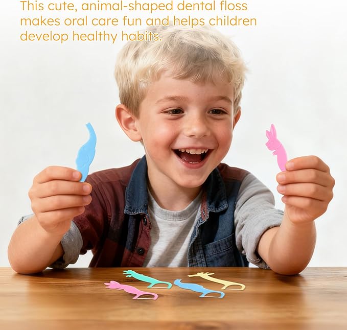 Kids Floss Individually Wrapped Kids Dental Floss Picks 4 Cute Animal Shapes Fun Flossers Helps Prevent Tooth Decay & Gum Diseas for Family, Travel, and picnics 4 Colors (200)