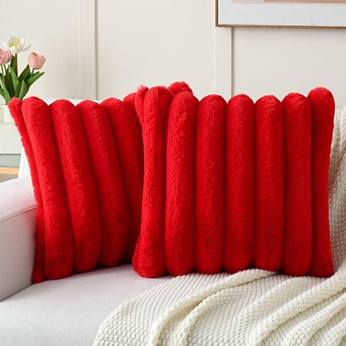 FUTEI Christmas Red Decorative Throw Pillow Covers 18x18 Inch Set of 2, Square Soft Faux Rabbit Fur Thick Striped Cushion Cover,Winter Home Decor for Couch Bed Living Room