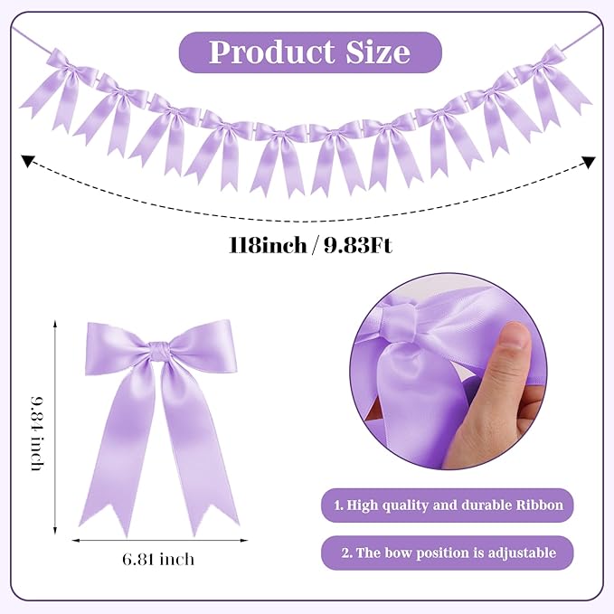 Purpe Bow Garland Bow Banner Bow Party Decorations Pre-Strung Large Coquette Satin Ribbon for Birthday Bachelorette Party Bridal Shower Wedding Engagement Baby Shower