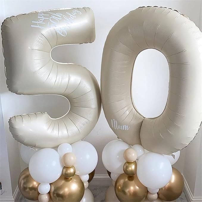 Cream 10 Balloon Numbers for 10th Birthday Decorations, 40 Inch Beige Helium Foil Number 1 & 0 Balloons for Girls Boys, White Sand 10th Birthday Balloons for Women Men Anniversary Party Supplies