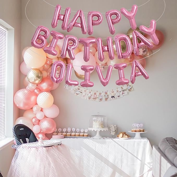 TONIFUL 65 Pcs 16 Inch Pink Happy Birthday Balloons and 2 Sets A-Z Foil Letters Balloons DIY Personalized Phrase Banner for Birthday Celebration Halloween Thanksgiving Christmas Party Decorations
