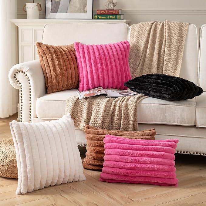 DEELAND Pack of 2,Double-Sided Faux Fur Plush Decorative Throw Pillow Covers Fuzzy Striped Soft Pillowcase Cushion Covers for Sofa Couch Bedroom