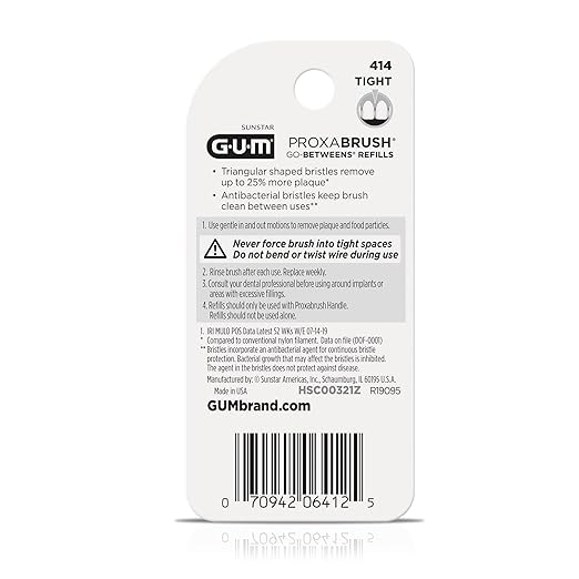 GUM Proxabrush Go-Betweens Refills - Tight - Compatible with GUM Permanent Handle -Reusable Interdental Brushes for Tight Teeth - Soft Bristled Dental Picks, 8 Count