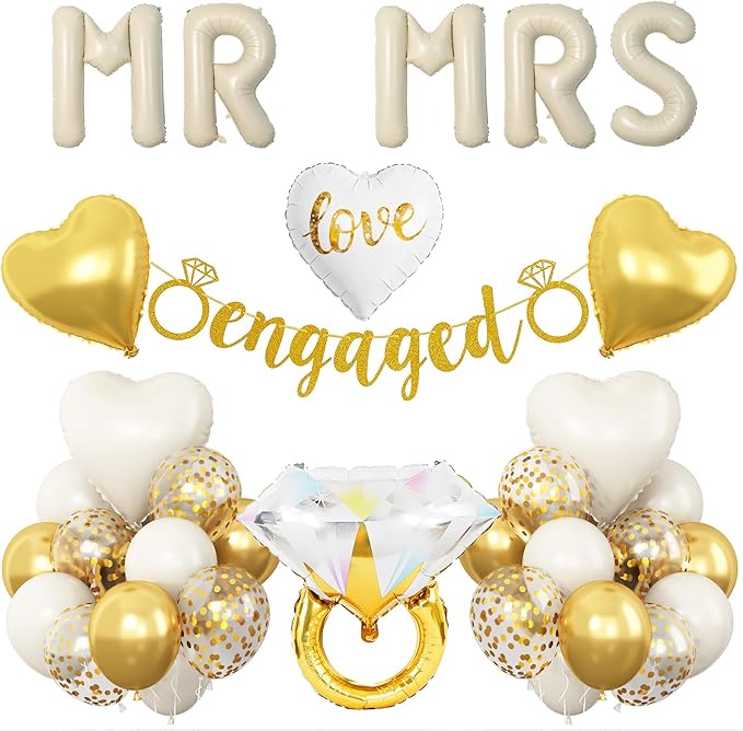 Sand White Engagement Party Decorations, MR and MRS Balloons Decor, White Gold Confetti Balloons, Love Heart and Diamond Ring Foil Balloon with Engaged Banner for Wedding Engagement Party Decoration