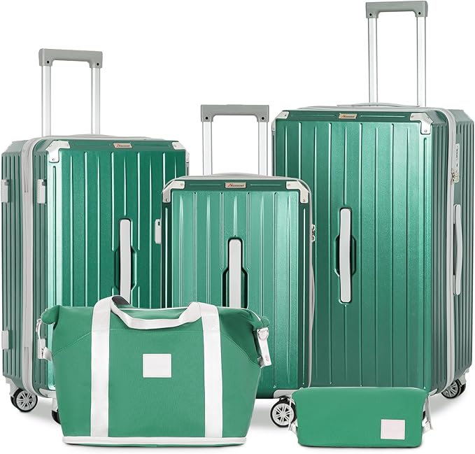 Romswi 5-Piece Luggage Set with Cup Holder TSA Lock, 20" 24" 28" Hardside Spinner Suitcase with Duffel Bag, Lightweight Durable PC+ABS Sage Green Travel Luggage