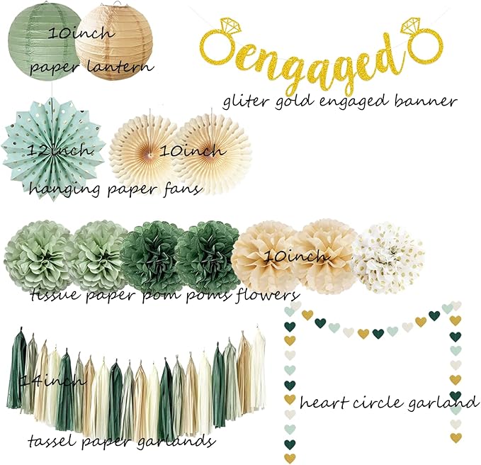 Engagement Party Decorations Sage Green Just Engaged Decorations Glitter Engaged Banner Tissue Pom Poms Paper Lanterns Tassel Garland for Married Decoration Wedding Bachelorette Party Decor