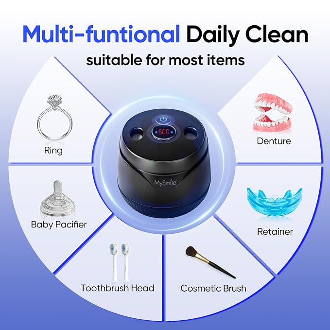 MySmile Ultrasonic Retainer Cleaner- 45kHz Denture Cleaner Machine with 200ML Capacity for Aligner, Mouth Guard, Braces, Portable Dental Cleaning Pod with 2 Mode Digital Timer for Home, Travel (BLACK)