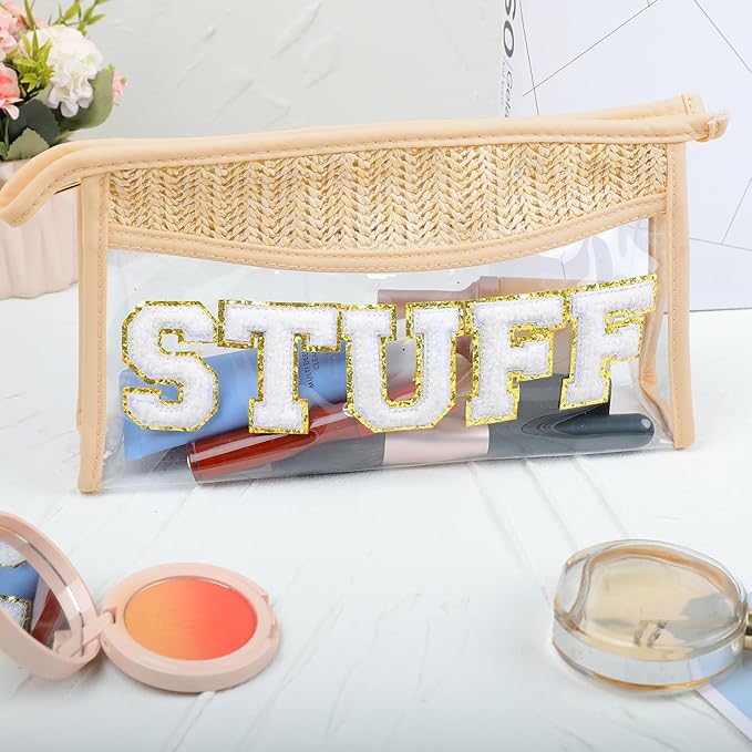 Boho Hand-woven Makeup Bag, Chenille Letter Patch Clear Travel Pouch, Rattan Straw Bag Clear Cosmetic Sunscreen Bags, Women Summer Retro Travel Beach Bag Beach Essentials (Boho_Beige-Stuff)