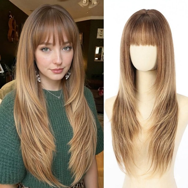 testar 4x4 Realistic Scalp Long Ombre Brown Blonde Straight Wigs With Bangs for Women Synthetic Heat Resistant Fiber 26IN Layered Brunette Wigs for Daily Use