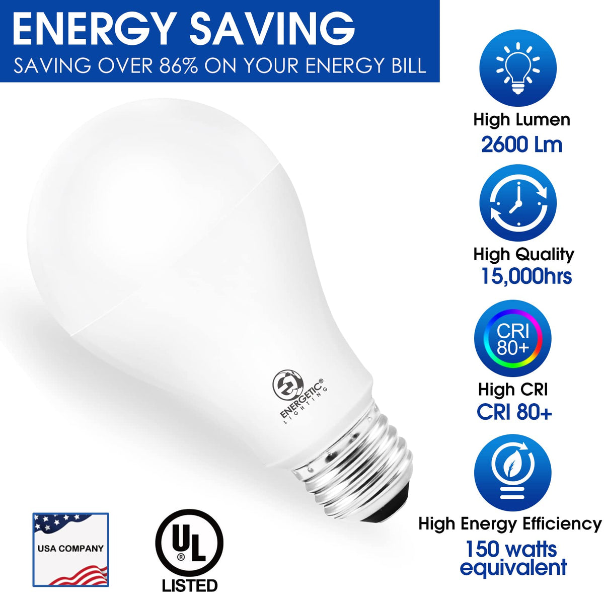 E ENERGETIC LIGHTING 150 Watt LED Bulb, 2600LM Super Bright Light Bulbs, Daylight 5000K, Dimmable A21 LED Bulb, E26 Standard Base, UL Listed, Damp Rated, 2 Pack