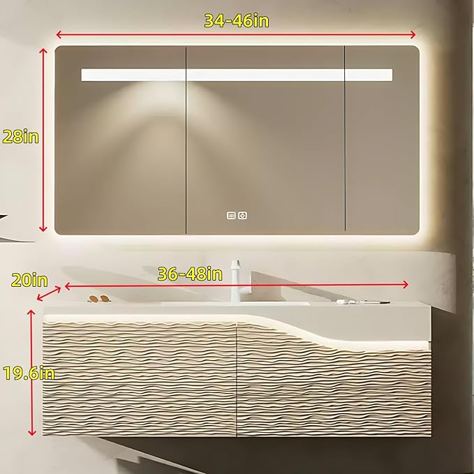 36in Elegant Modern Luxury Bathroom Vanity with Sink - Wall Mounted Solid Wood Cabinet & Smart LED Defogging Mirror | Single Sink Bathroom Cabinets