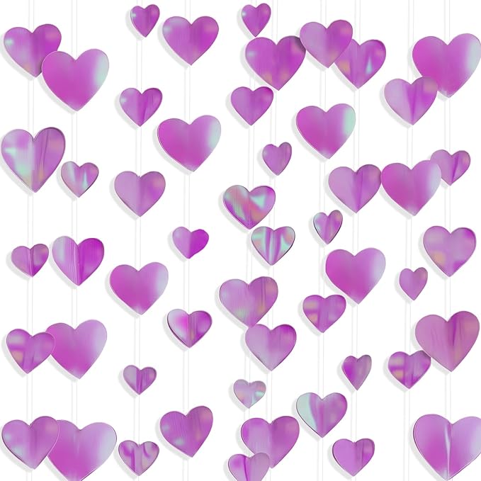 10 Pack 130ft Iridescent Purple Holographic Heart Party Garland Asymmetrical Love Hanging Banners for Birthday Baby Bridal Shower Wedding Engagement Bachelorette Graduation Decorations