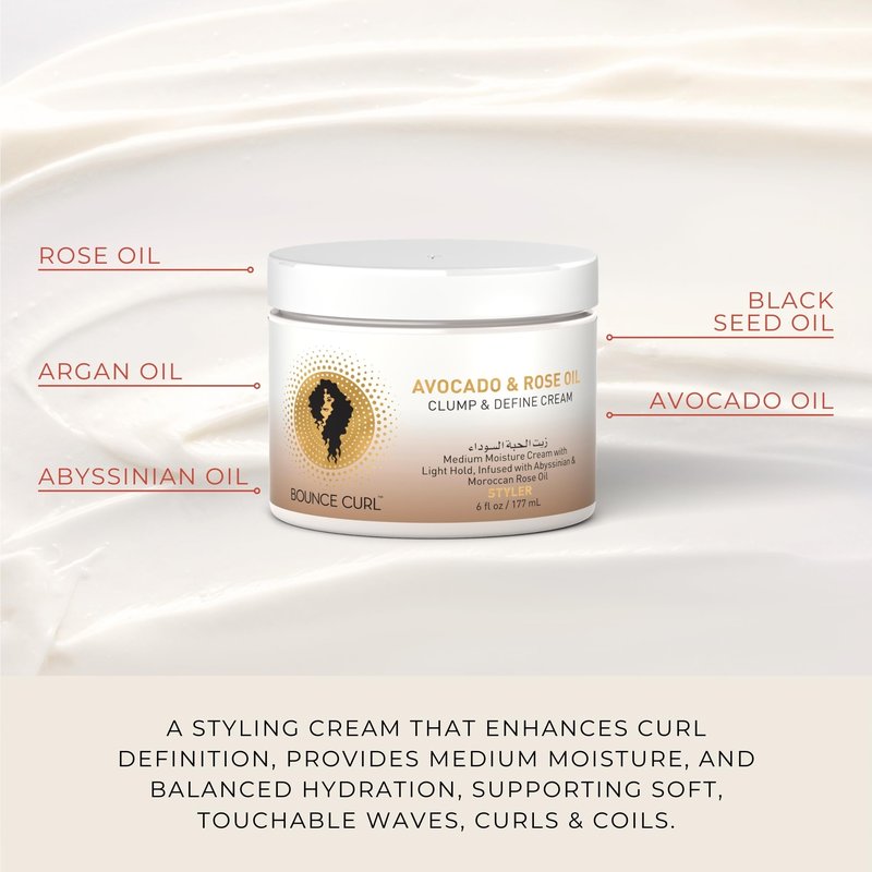 Bounce Curl Avocado and Rose Oil Clump and Define Cream Curl Cream for Curly Hair with Light Hold and Moisture