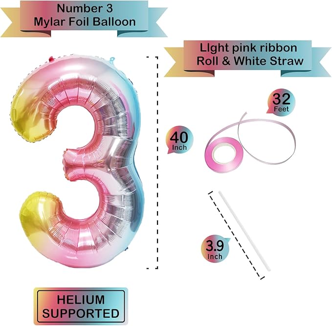40 Inch Giant Rainbow Number 3 Balloons, Birthday Balloons, Helium Mylar Foil Big Number Balloons for Birthday Party Decorations, Kids' Birthday Anniversary Party Baby Shower Unicorn Parties