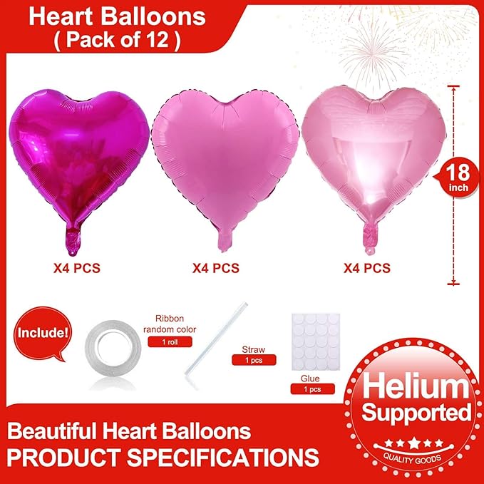 Lovoir 12 Pcs Hot Pink Heart Shape Foil Mylar Balloons 18 Inch Love Balloons for Valentine's Day Birthday Party Decorations Wedding Engagement Romantic Decor (Hot Pink & Pearl Pink & Candy)