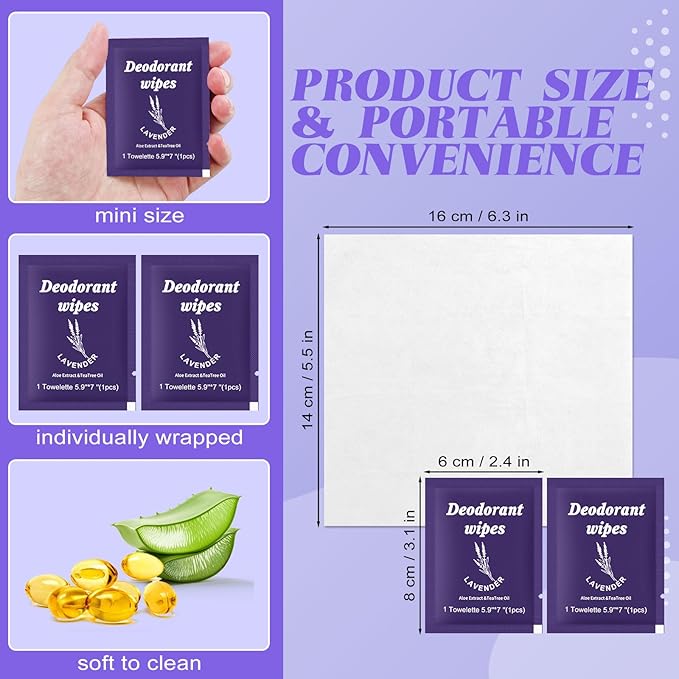 Travel Deodorant Wipes Individually Wrapped,Body Wipes to Clean Skin for Women Men（Lavender,pack of 50)