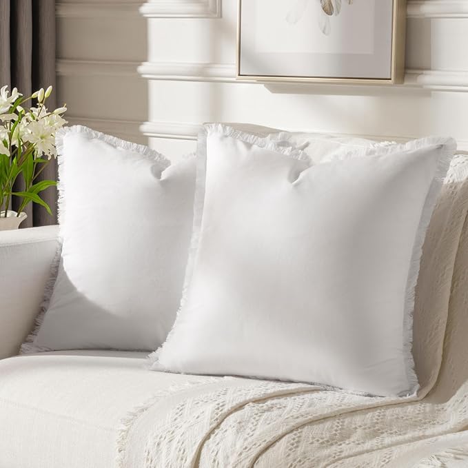 FUTEI Cream White Velvet Decorative Throw Pillow Covers 18x18 Set of 2,Soft Cozy Edge with Tassels Cushion Case,Boho Modern Home Decor for Couch Bed Living Room