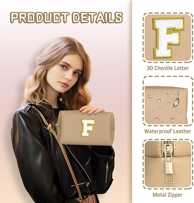 TOPEAST Initial Cosmetic Bag for Women, Preppy Small Makeup Bag, PU Leather Waterproof Toiletry Bag, Monogrammed Birthday Gifts for Women, Stuff for girls (Khaki S)