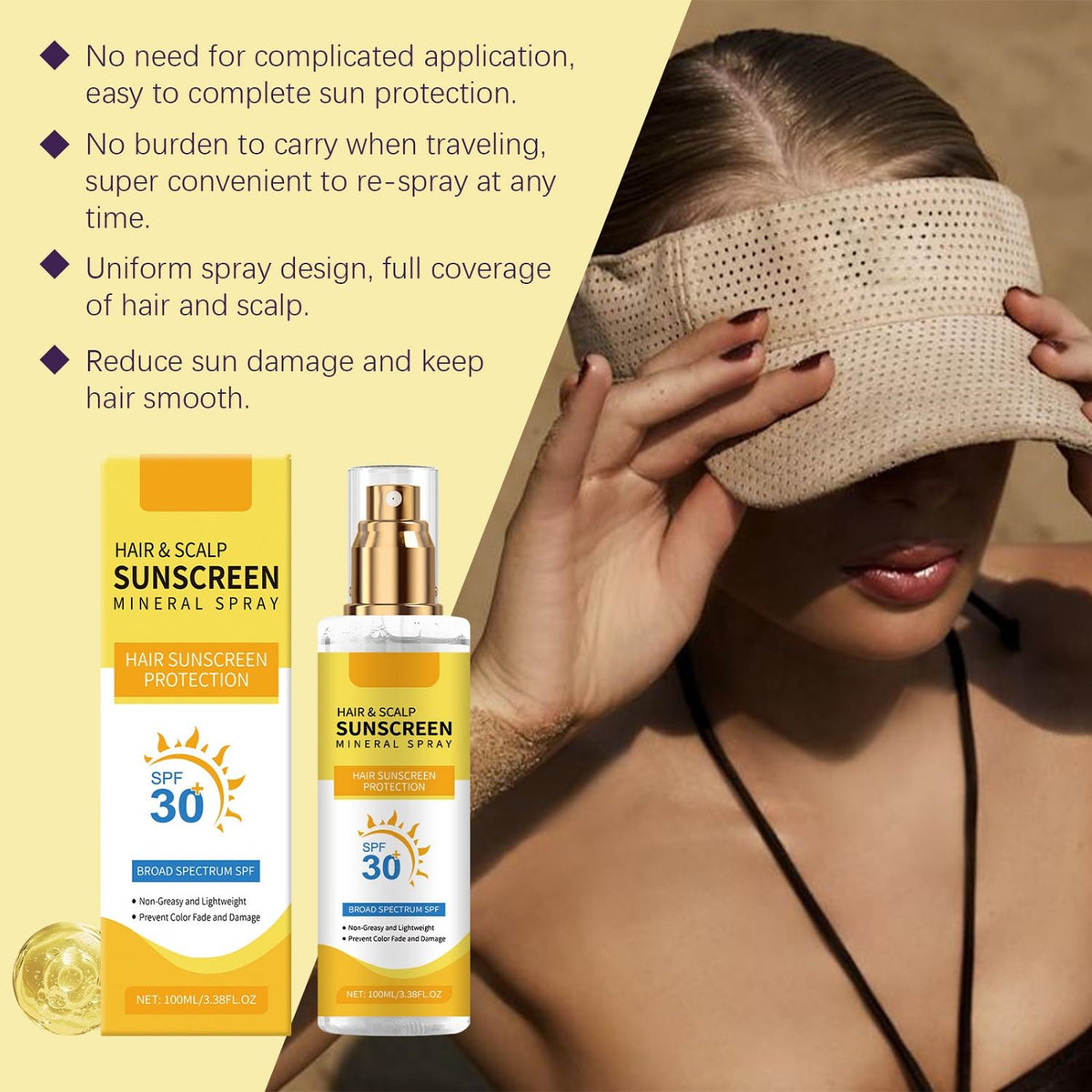 2PC Ultimate Hair and Scalp Sunscreen Spray SPF 30,Color-Lock UV Shield for Dyed/Highlighted Hair, Prevents Color Fade & Dryness, Non-Greasy Protection(100ml)