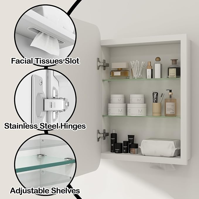 Rectangle Medicine Cabinet with Beveled Edge Mirror, No-Assembly Bathroom Wall Cabinet with Mirror, Adjustable Shelves, Tissue Slot, Recessed or Surface Mount (24" H x 16" W)
