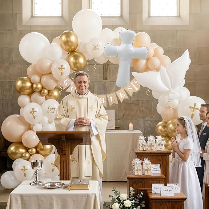 God Bless Baptism Decorations Kit Sand White & Pearl Champagne Gold Balloon Garland Arch - Dove Cross Foil Balloons, Banner for Christening, First Holy Communion, Confirmation, Religious Party
