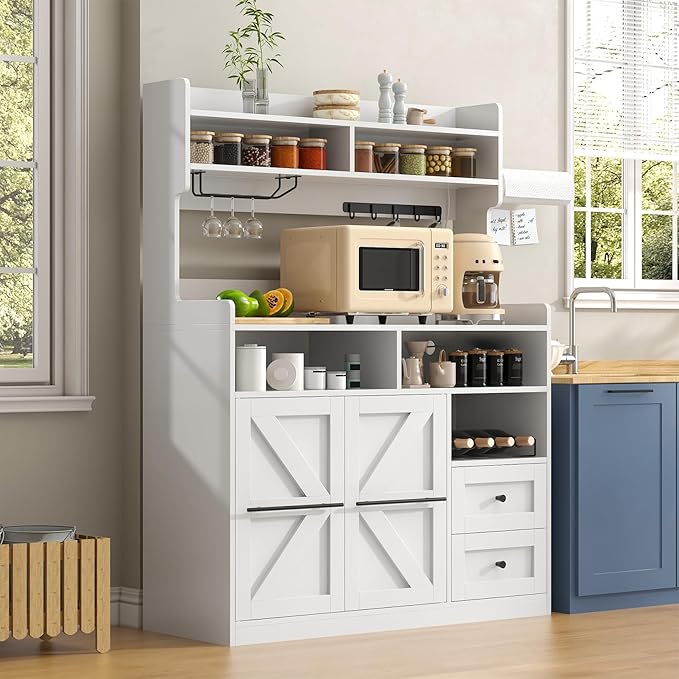 Hutch Storage Buffet Cabinet with Drawers, and Charging Station, Coffee Bar Cabinet with Barn Doors, Wine Rack and Hooks, White Wood Sideboard Buffet for Kitchen, Dining Room, 54.5" High