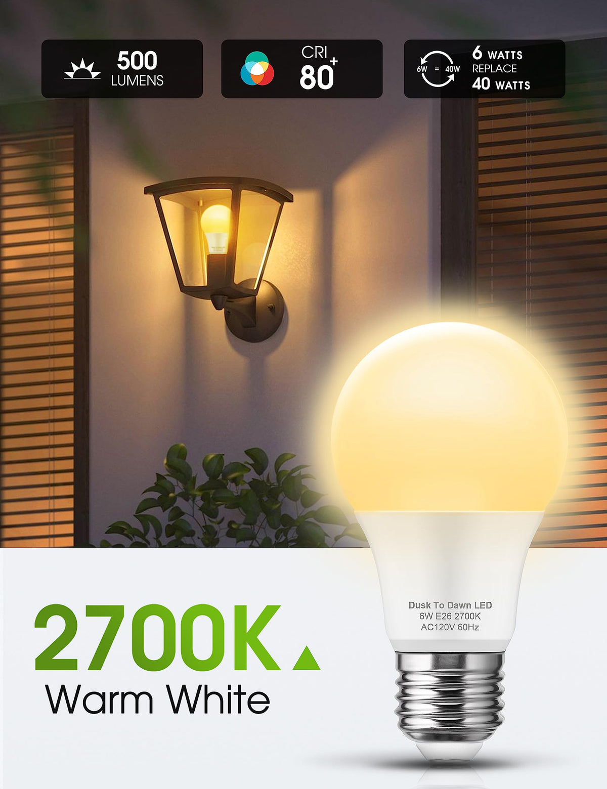 LOHAS Dusk to Dawn Sensor Light Bulbs, 40W Equivalent LED Outdoor Lighting, Warm White 2700K Automatic Photocell Light Bulb Outside, A19 6W Bright Porch Light Bulbs, 500LM E26 for Garage Patio,4 Pack