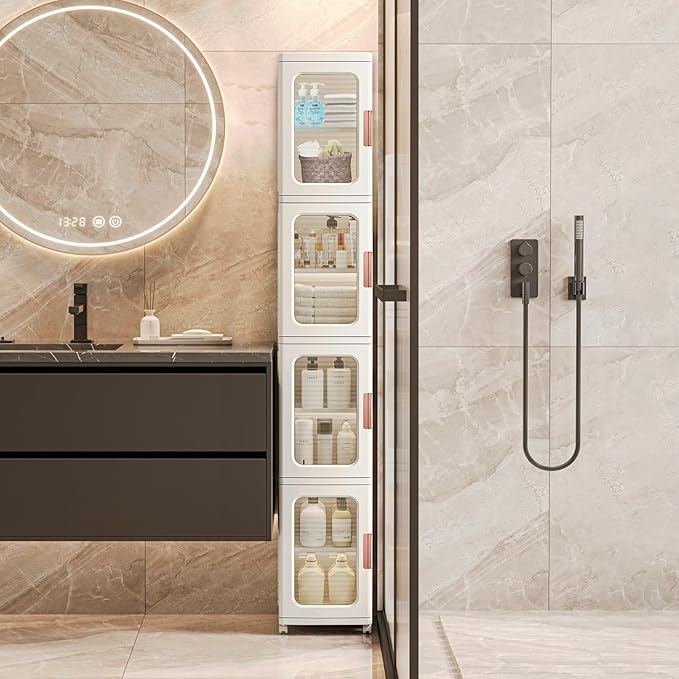 Narrow Storage Cabinet with Doors and Shelves Tall Skinny Bathroom Storage Kitchen Cabinet with Adjustable Shelf Cabinet Organizer Toilet Paper Storage Linen Closet 4 Layer (White)