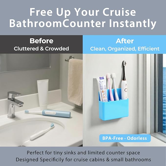 Cruise Essentials 2026 – Magnetic Toothbrush Holder for Cruise Ship Cabin, Wall-Mounted Cruise Bathroom Organizer, Travel Toothbrush Holder for Caribbean Cruise & Alaskan Cruise Must Haves (Blue)