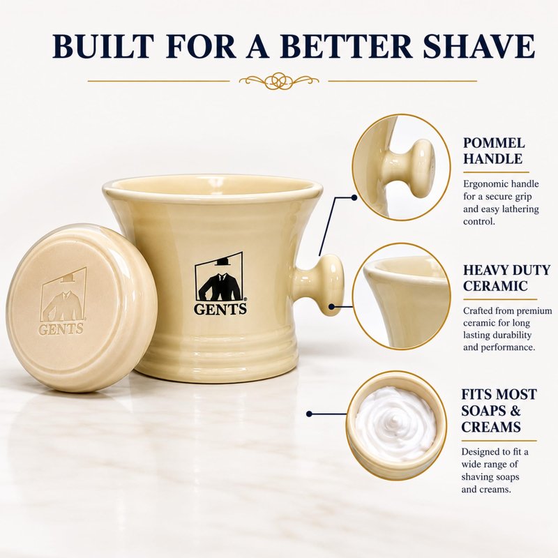 G.B.S Heavy Duty Ceramic Ivory Shaving Mug with Knob Handle and Natural Soap