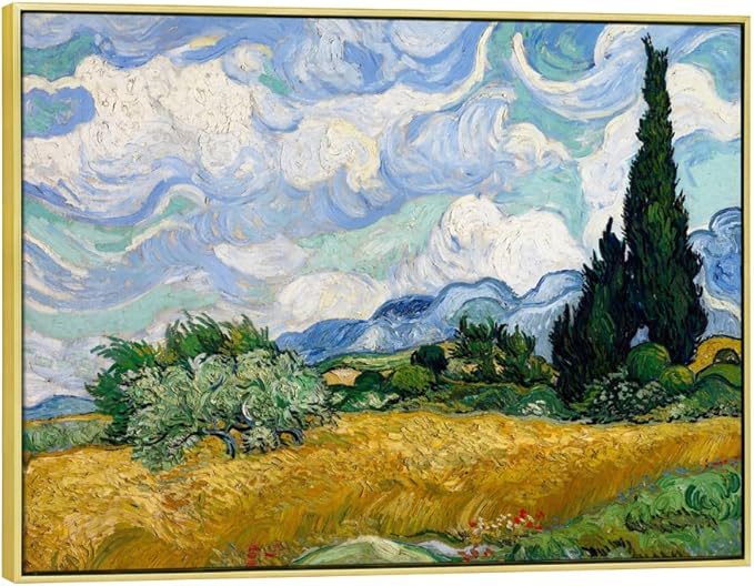 Wieco Art Framed Canvas Art Wheat Field with Cypresses by Van Gogh Classical Paintings Reproduction Modern Canvas Print Wall Art Landscape Pictures Artwork for Home Office Decor