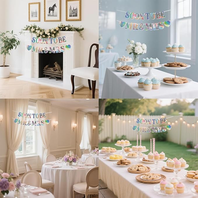 Soon To Be Mr & Mrs Banner, Bridal Shower Sign, Pre-Strung Laser Wedding Banner Decorations, Engagement Banners for Mantle Hanging Sign Couples Shower Decorations
