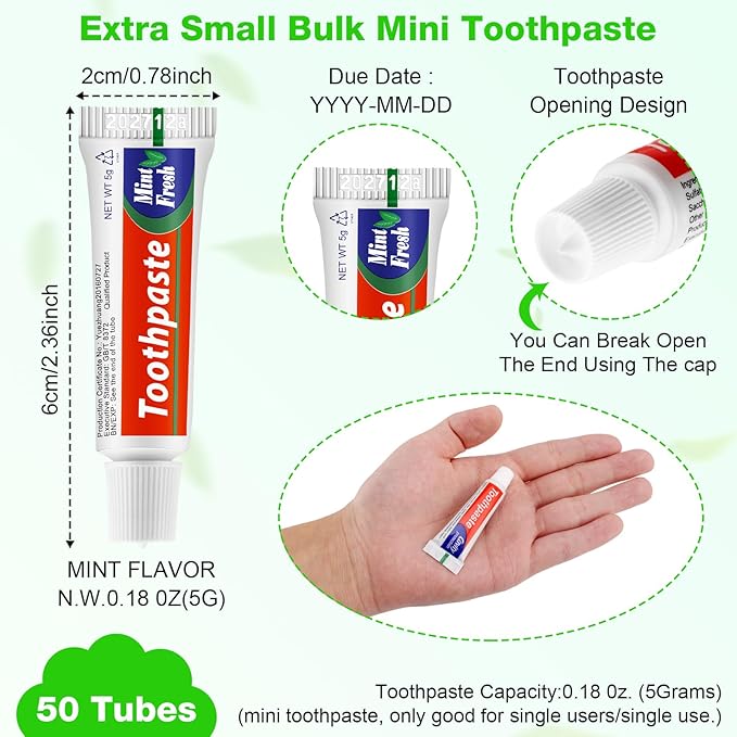 HOFASON 50 Tubes Bulk Travel Size Toothpaste 0.18 oz, Extra Small 2.28x0.78 inches Disposable Travel Size Bulk Mini Toothpaste Peppermint for Bad Breath, Guests, Homeless, Hotel, Charity Toiletries