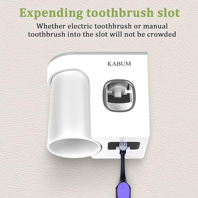 KABUM Toothbrush Holders for Bathrooms Toothpaste Dispenser - Cup Automatic Toothpaste Squeezer Wall Mounted, Toothbrush and Toothpaste Holder, Grey