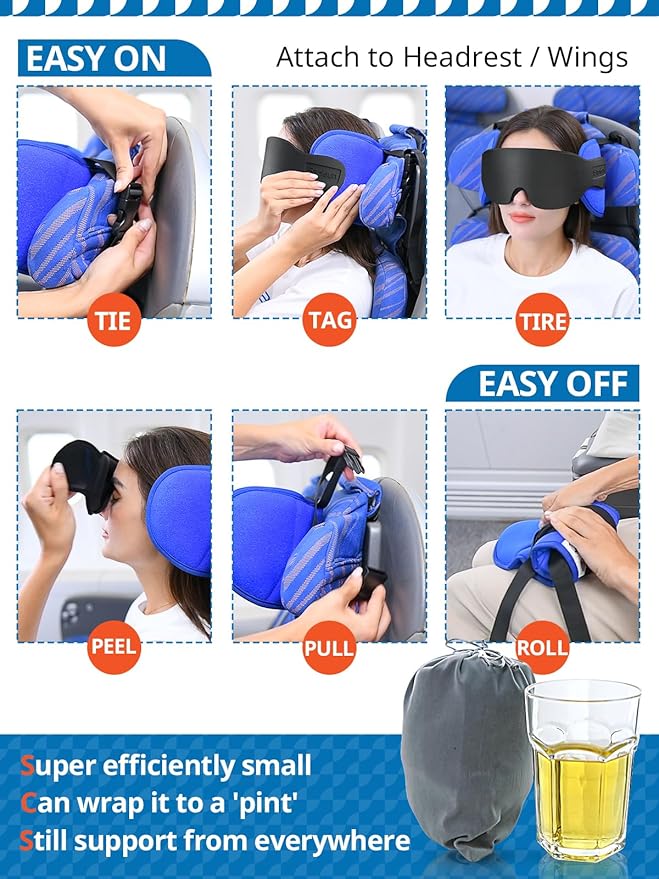 SARISUN Travel Pillows for Airplanes, Airplane Pillow for Long Flight, Airplane Head Strap with Eye Mask for Sleep, Travel Neck Pillow for Car Road Trip, 360° Support Headrest, Stop Bobblehead, Pink