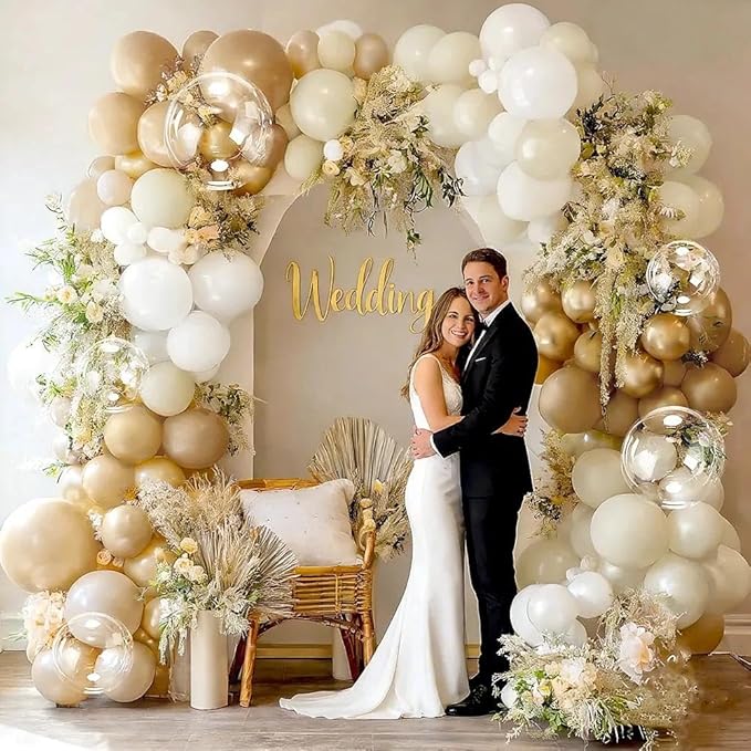 White Sand Gold Balloon Garland, Double Stuffed Pearl White Gold Cream Beige Balloons Clear Bobo Latex Balloon Arch Kit for Wedding Bridal Shower Birthday Baby Shower Gender Reveal Party Decorations