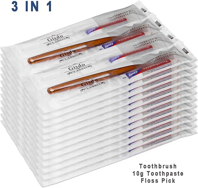 100 pcs Disposable Toothbrushes with Toothpaste Floss Individually Wrapped, 2 Color Disposable Toothbrush Bulk, 10g Toothpaste, Dental Floss Pick for Homeless,Airbnb,Hotel,Guest