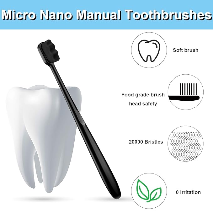 Patelai 8 Pcs Extra Soft Toothbrush Micro Nano with 20, 000 Ultra Soft Bamboo Charcoal Bristles for Adult, Sensitive Gum, Brace and Gum Recession(Black with Black Bristle)