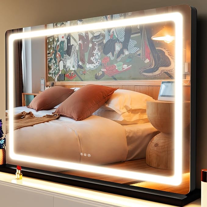 Makeup Vanity Mirror with Lights 32" x 24" Large LED Makeup Mirror, Light up Mirror with 10X Magnification and USB Charging Port, with Dimmable 3 Modes, Touch Screen Control Round Black