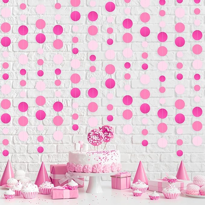 5 Pcs Hot Pink Garland Glitter Pink Circle Dots Garland, PLULON 65 Ft Hanging Paper Polka Dot Streamer Backdrop Banner for Pink Party Decor Birthday Baby Shower Wedding Classroom Stitch Party Supplies