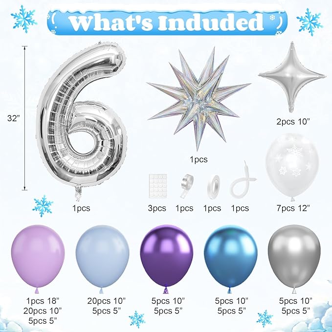 Snow 6th Birthday Decorations Girl, Snowflake Balloon Garland Arch Kit, Laser Explosion Star Balloons, Silver Number 6 Balloon Tower for Baby Shower Girls 6th Snow Theme Party Supplies