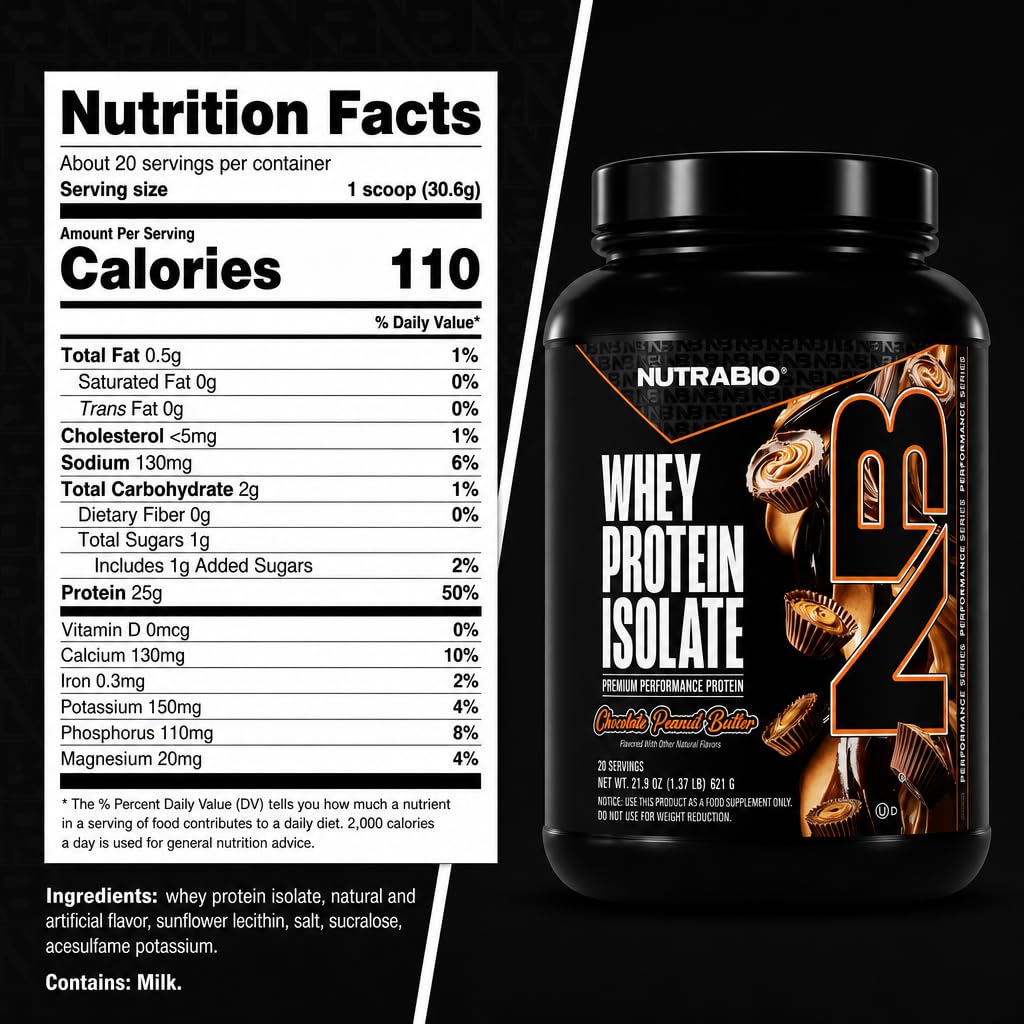 NutraBio 100% Whey Protein Isolate Protein Powder, 25g Protein with Complete Amino Acid Profile, Non-GMO, Soy & Gluten Free,Low Carb,Low Calorie Whey Protein Powder,Chocolate Peanut Butter,20 Servings