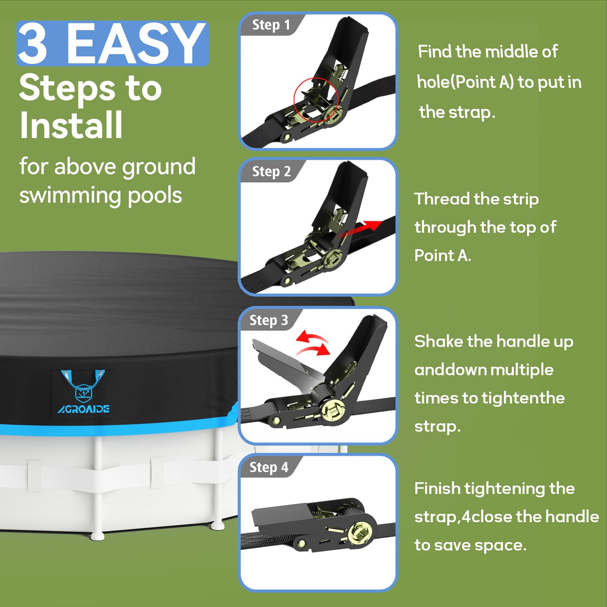 AGROAIDE 18ft Above Ground Pool Cover with Ratchet Tie Downs, 420D Oxford Fabric for All Season Use - Tear Resistant, UV & Dust Proof