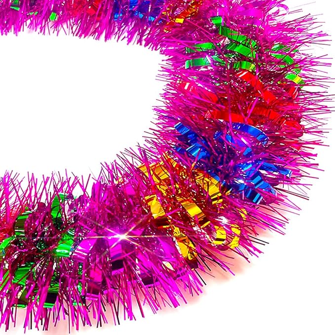 33Ft Long Tinsel Twist Garland Shiny Thick Metallic Foil Xmas Tree Decorations for Birthday Party Christmas New Year Parties Parade Floats and Other Holidays Hanging Decor Supplies-(Colours+Pink)