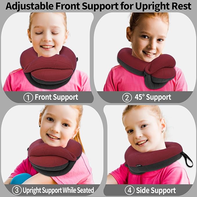 BUYUE Kids Travel Pillows for Airplane, 360° Head Support Sleeping Essentials for Boys Long Flight, Skin-Friendly Soft Neck Pillow for Traveling in Car Seat, (Small, Red Grey, 40-90 lbs)