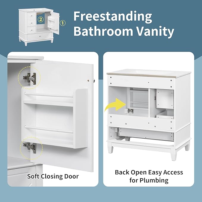 Bathroom Vanity with Ceramic Sink 30 inch, Multi-Functional Storage Cabinet with Drawers and Door Shelf, Solid Wood Frame, Soft-Closing Door, White