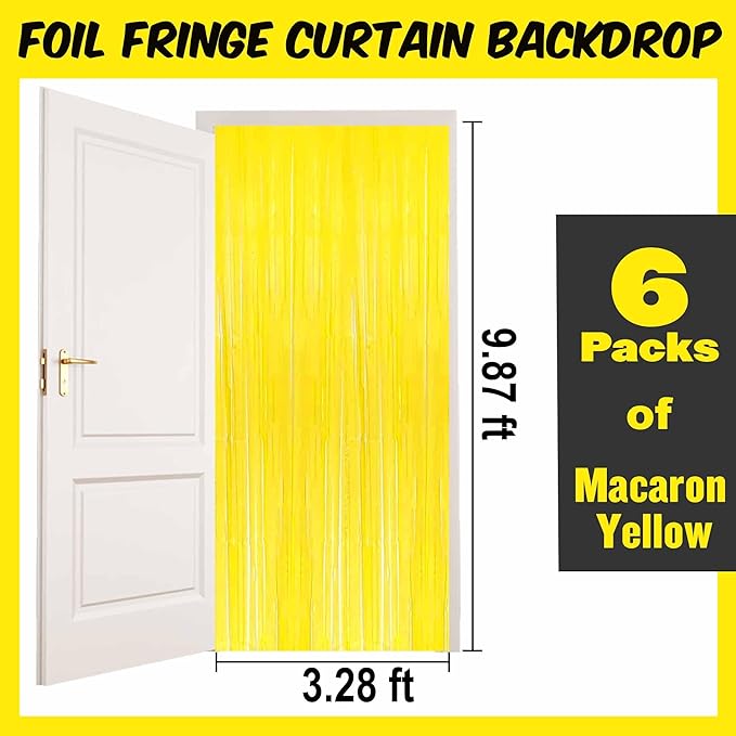 6 Pack Macaron Yellow Foil Fringe Curtains Backdrop, 3.28 x 9.8 Ft Metallic Streamers Tinsel Curtains Background for Photo Booth, Birthday, Halloween, Christmas, New Year Party Decorations